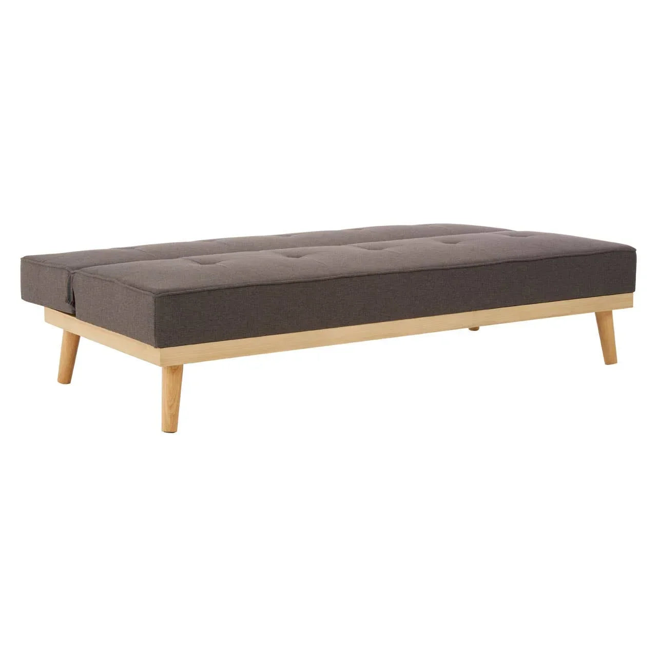 Grey upholstered sofa bed with wooden legs and tufted seat, angled side view