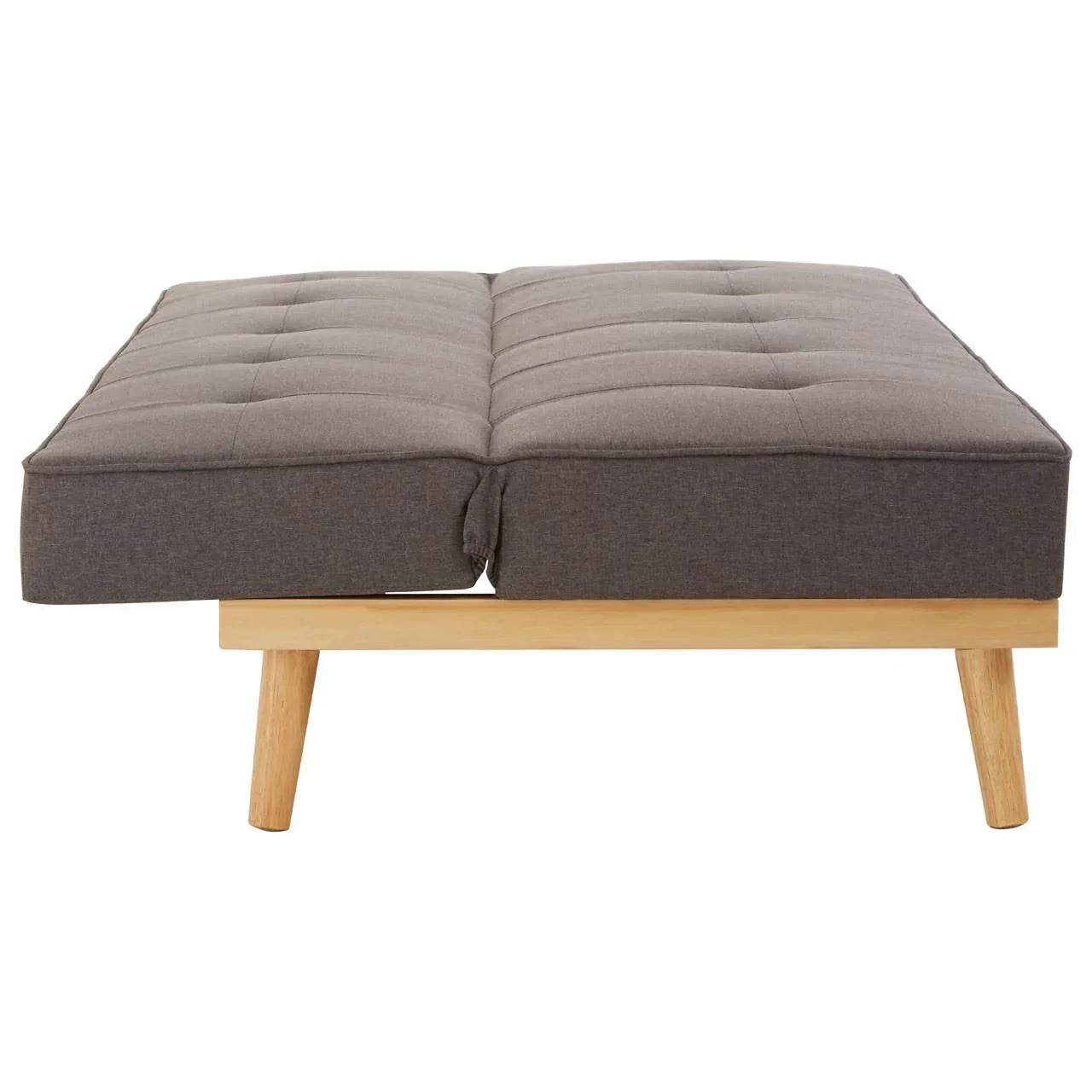 Grey fabric sofa bed in flat position with wooden legs, viewed from the front