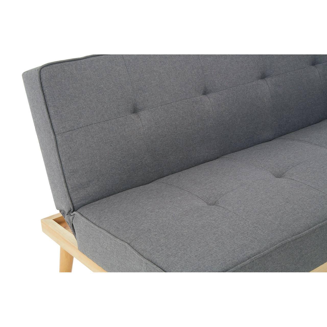 Close-up of grey fabric sofa seat with tufted cushion and light wood frame