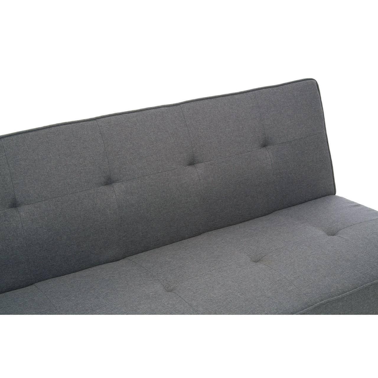 Close up of grey fabric sofa with tufted backrest and seat