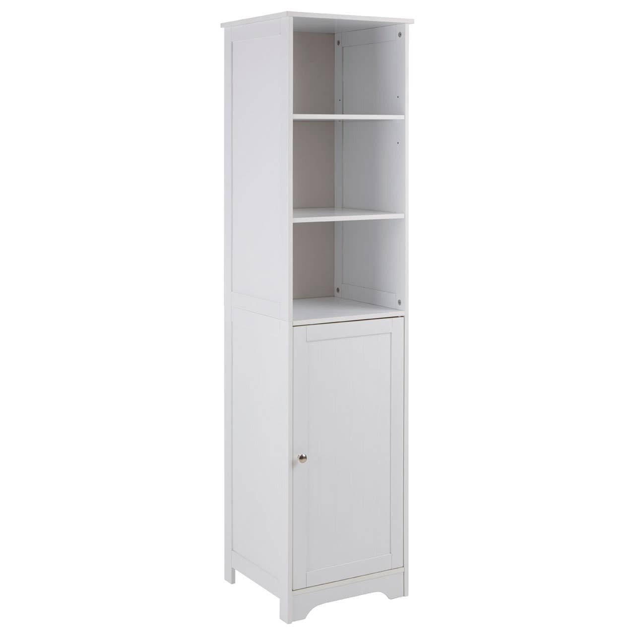 Tall white cabinet with three open shelves at the top and a single door at the bottom, featuring a simple design and clean lines, suitable for home storage