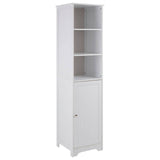 Tall white cabinet with three open shelves at the top and a single door at the bottom, featuring a simple design and clean lines, suitable for home storage