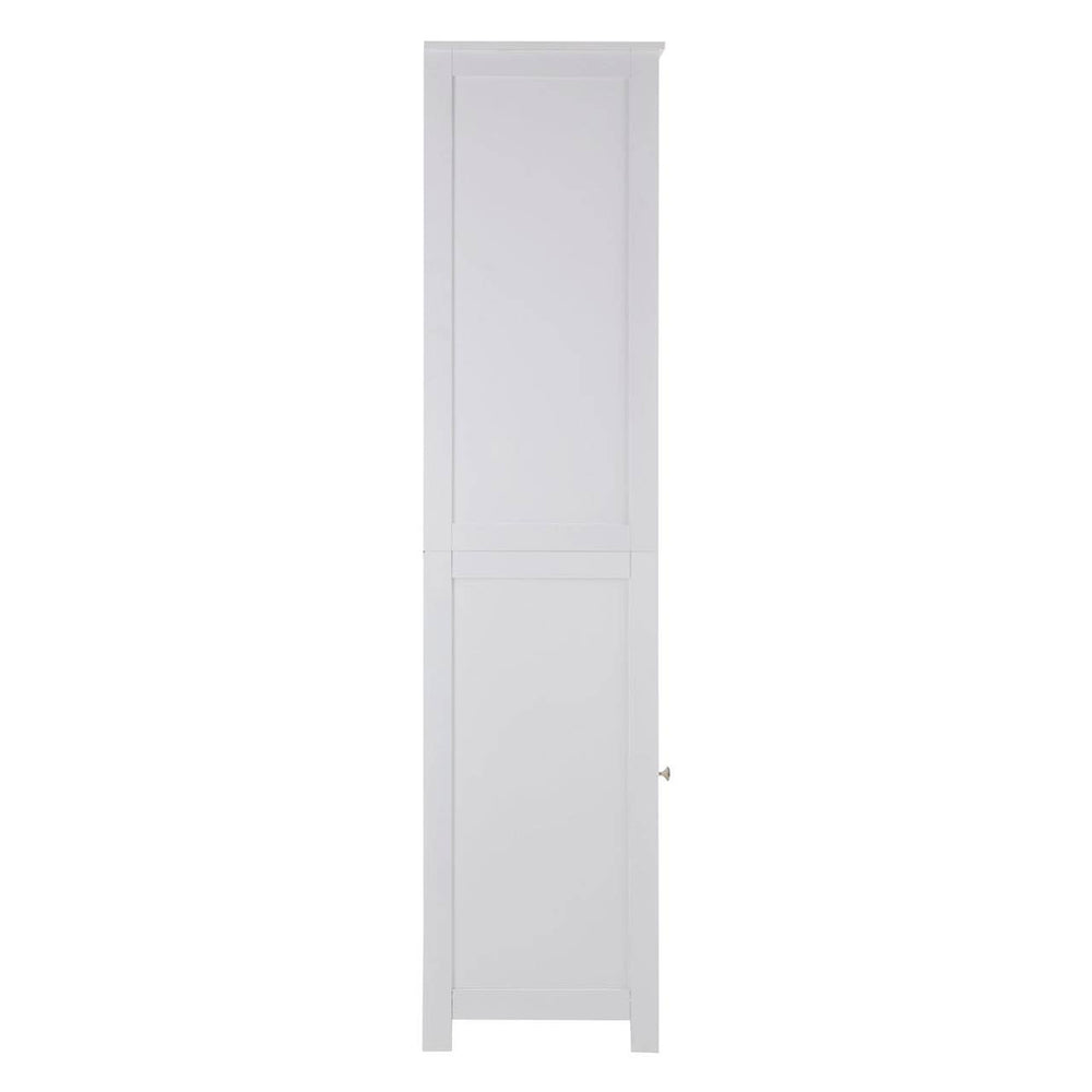 Tall, narrow white cabinet with a single door and a sleek design, featuring a smooth surface and minimalistic style, suitable for home storage