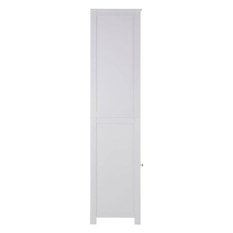 Tall, narrow white cabinet with a single door and a sleek design, featuring a smooth surface and minimalistic style, suitable for home storage
