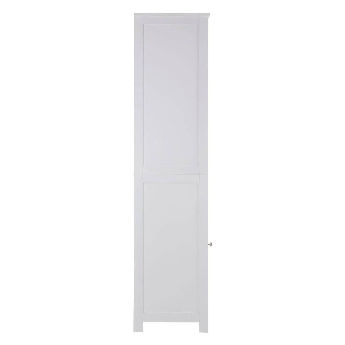 Tall, narrow white cabinet with a single door and a sleek design, featuring a smooth surface and minimalistic style, suitable for home storage