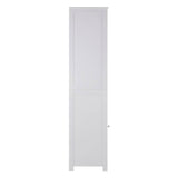 Tall, narrow white cabinet with a single door and a sleek design, featuring a smooth surface and minimalistic style, suitable for home storage