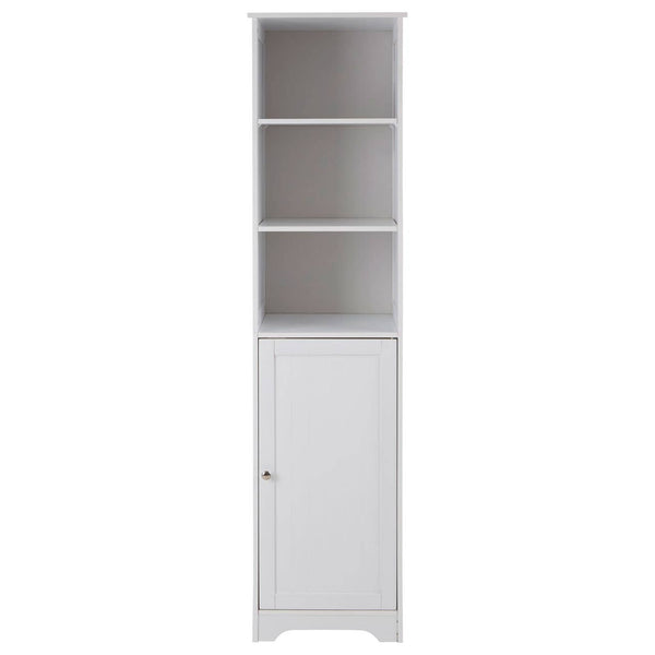 Tall white cabinet featuring three open shelves at the top and a single closed door at the bottom, designed for storage and organization. The cabinet has a sleek, modern appearance with a minimalist style