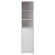 Tall white cabinet featuring three open shelves at the top and a single closed door at the bottom, designed for storage and organization. The cabinet has a sleek, modern appearance with a minimalist style