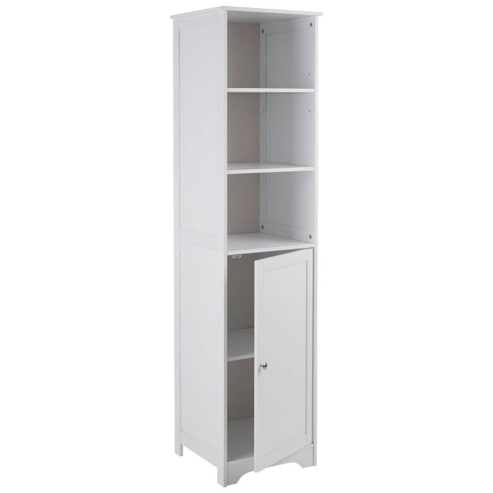 Tall white cabinet with a single door and four open shelves, designed for home storage. The cabinet features a sleek, modern design suitable for various interior styles