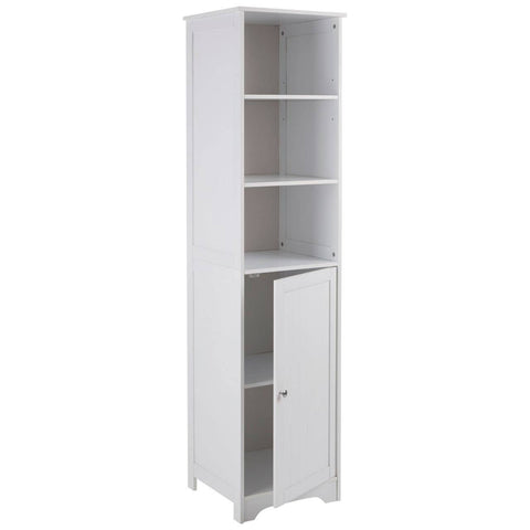 Tall white cabinet with a single door and four open shelves, designed for home storage. The cabinet features a sleek, modern design suitable for various interior styles