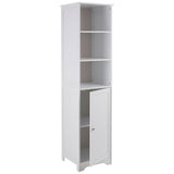 Tall white cabinet with a single door and four open shelves, designed for home storage. The cabinet features a sleek, modern design suitable for various interior styles