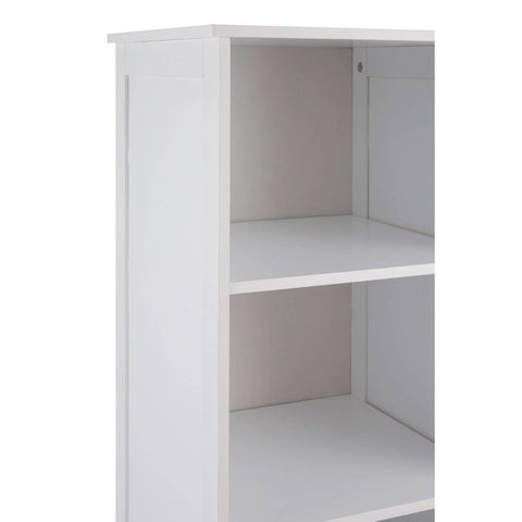 White single door cabinet with two open shelves and a smooth finish, featuring a minimalist design and clean lines. The cabinet has a simple door on the right side, providing a modern look suitable for various home decor styles
