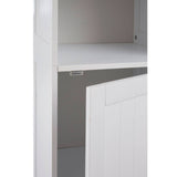 White single door cabinet with a smooth finish, featuring a shelf inside and a minimalist design. The cabinet door is closed, and the interior is visible through the open space above the shelf
