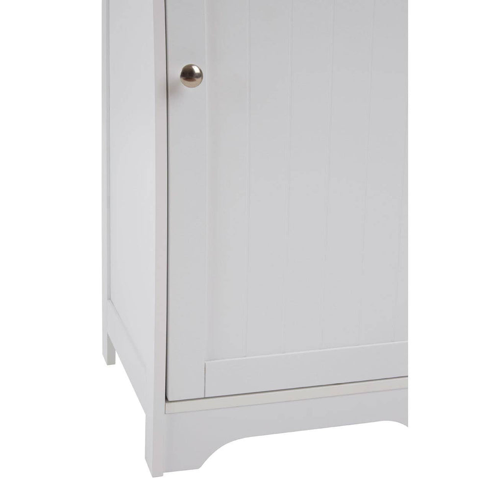 White single door cabinet with a smooth finish, featuring a round gold knob and slightly curved legs, showcasing a minimalist design suitable for home decor