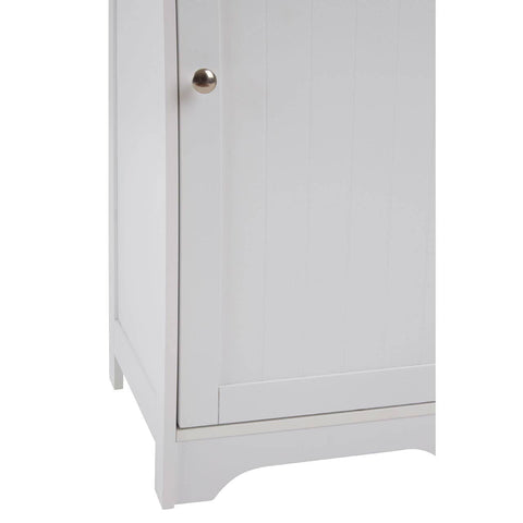 White single door cabinet with a smooth finish, featuring a round gold knob and slightly curved legs, showcasing a minimalist design suitable for home decor