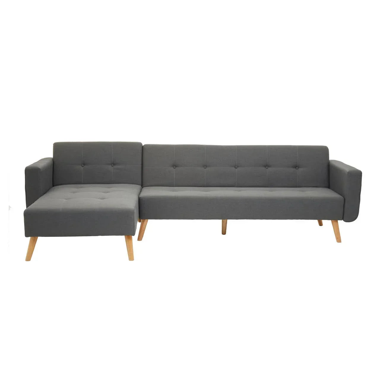 Grey fabric corner sofa with wooden legs and tufted seat cushions