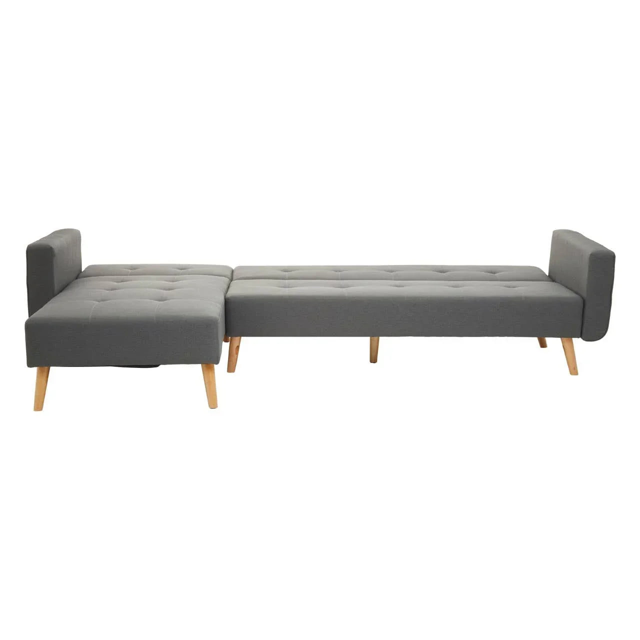 Grey fabric corner sofa bed with wooden legs and tufted seat shown in extended position