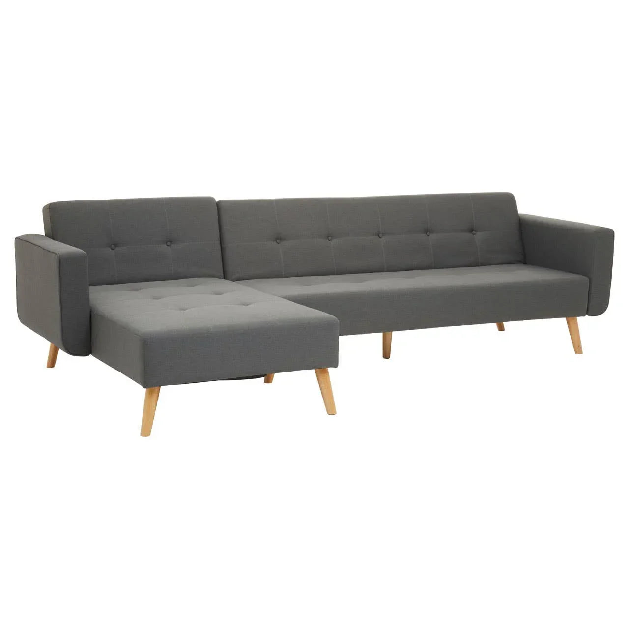 Grey corner sofa with chaise, button-tufted upholstery and wooden legs on white background