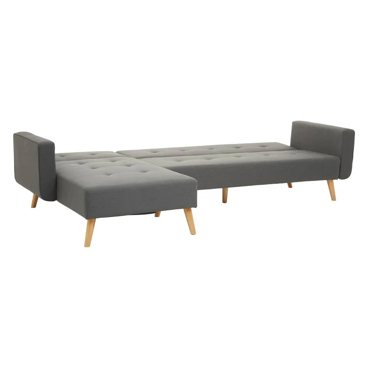 Grey fabric corner sofa bed with wooden legs and tufted seats, shown in fully extended position