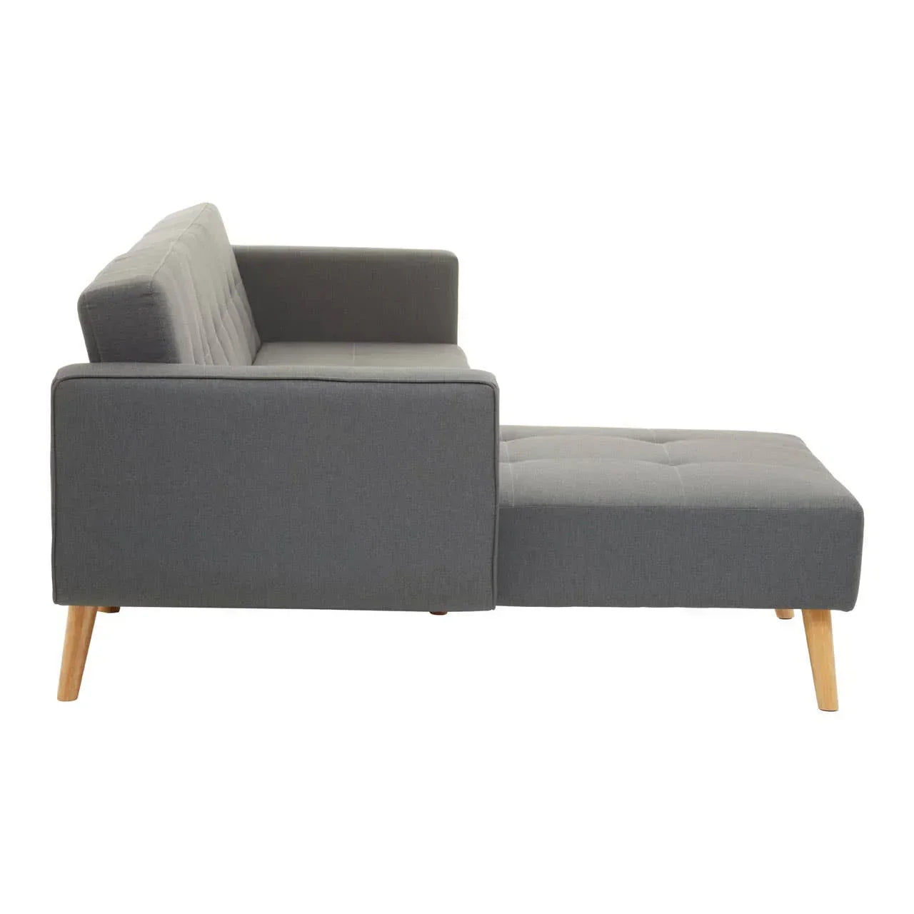 Grey fabric sofa with chaise lounge and wooden legs, side view