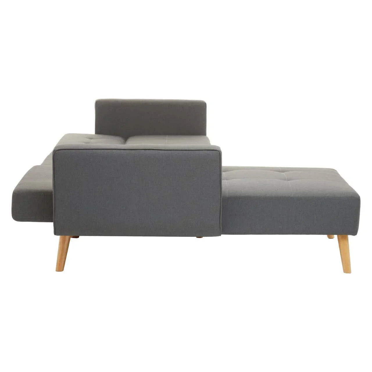 Grey fabric sofa bed with chaise and wooden legs, viewed from the side