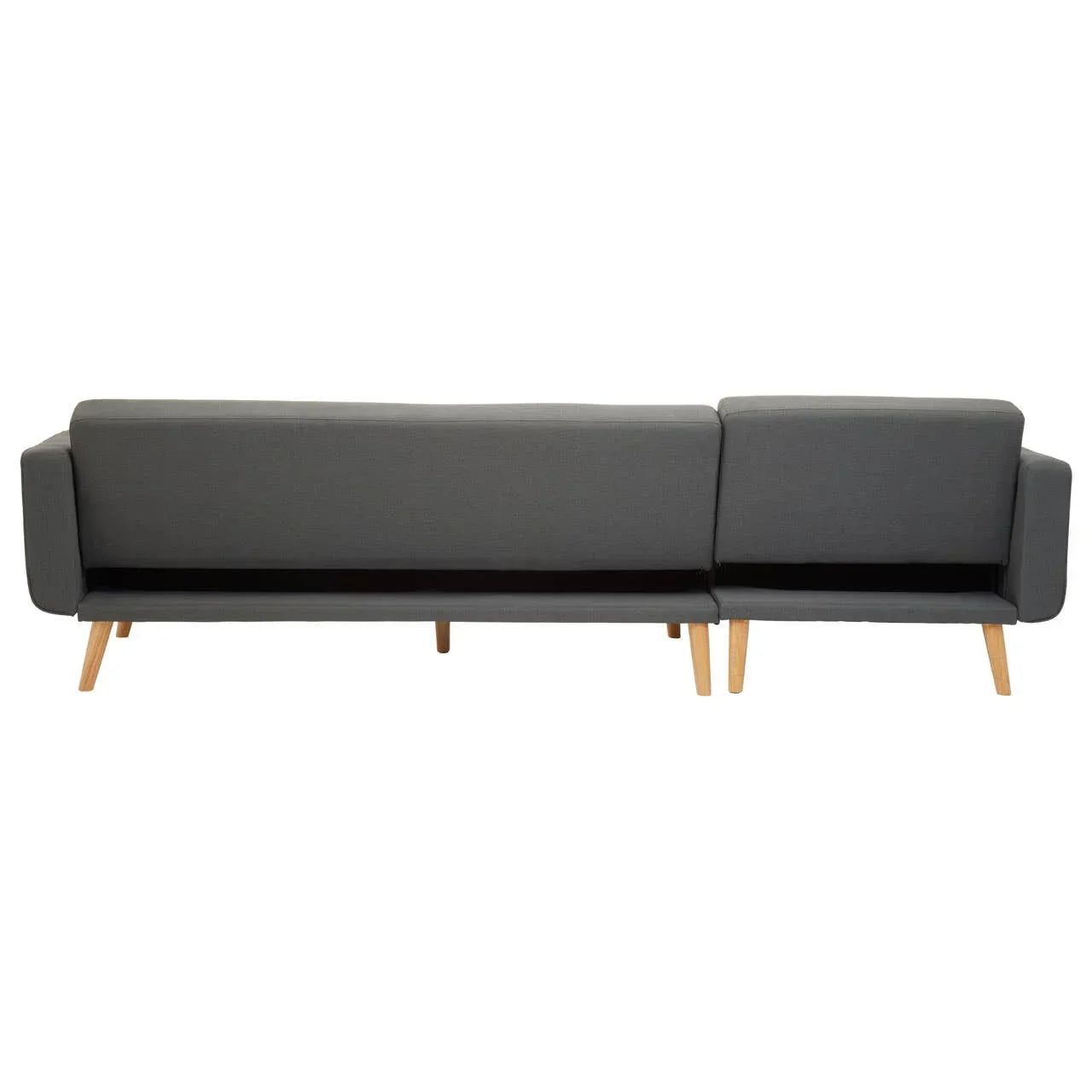 Rear view of grey fabric sofa with wooden legs and split backrest design