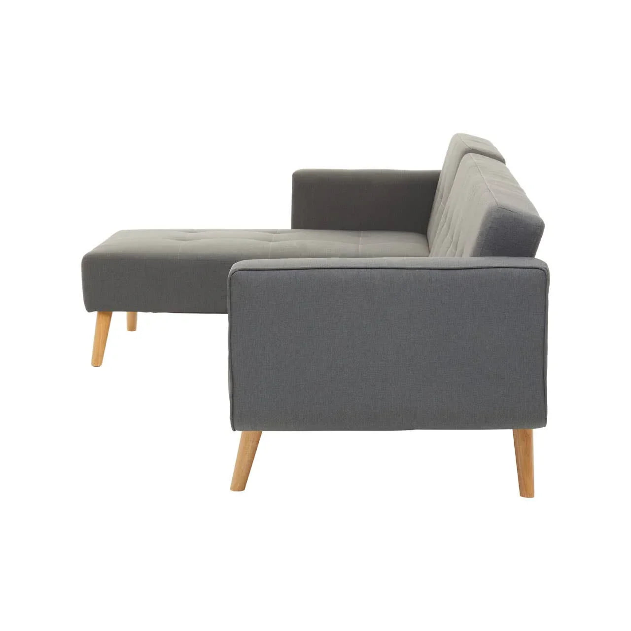 Grey corner sofa with wooden legs, viewed from side angle, featuring tufted seat design