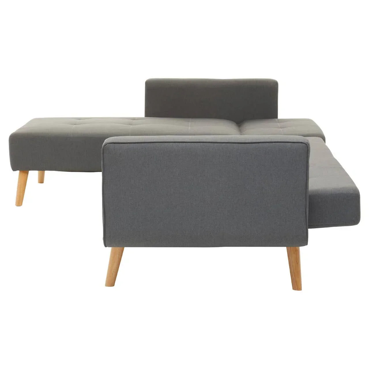 Grey fabric corner sofa bed with wooden legs, viewed from rear angle