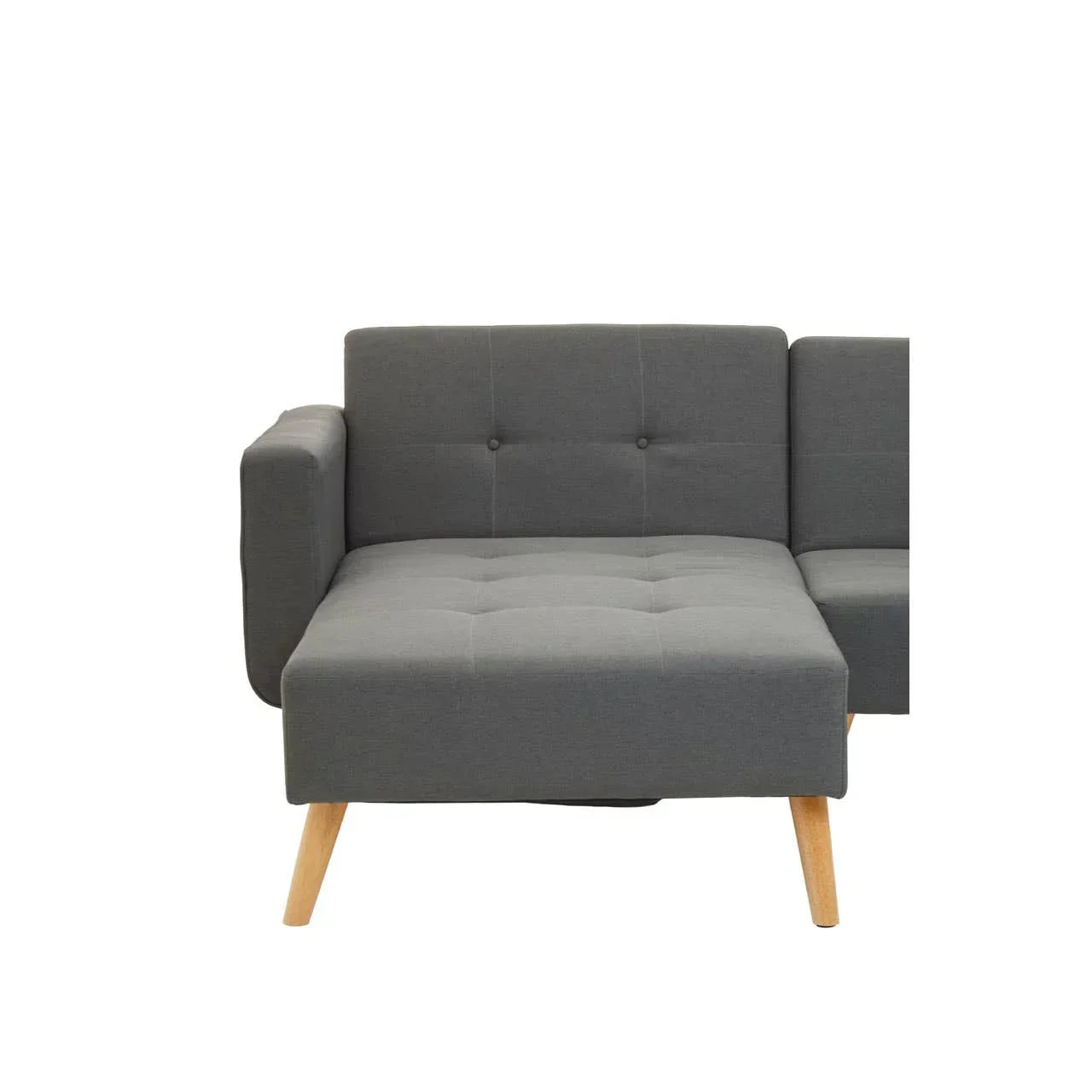 Grey fabric corner sofa with tufted seat, wooden legs, and left armrest sectional design