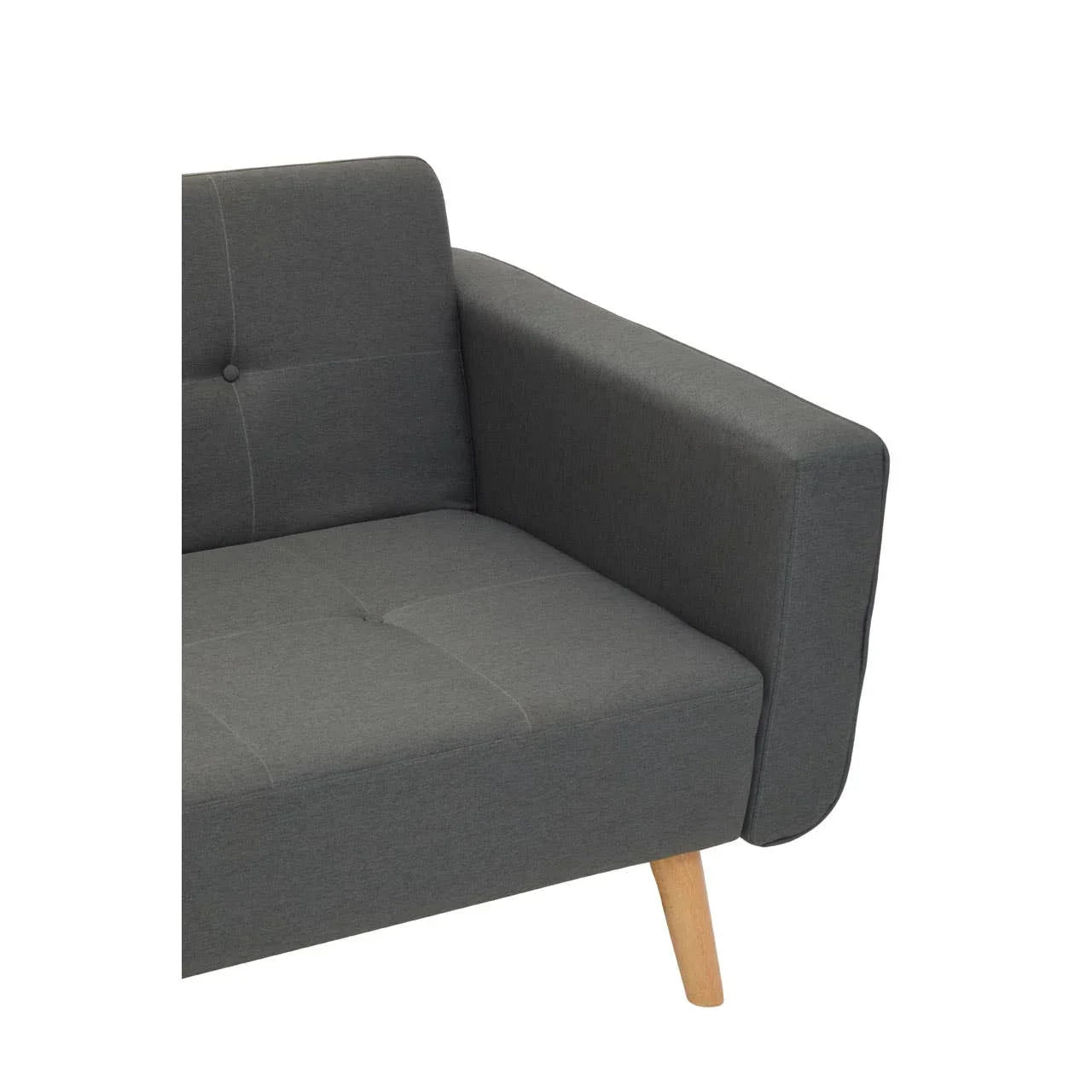 Dark grey fabric sofa corner with wooden leg and tufted seat detail