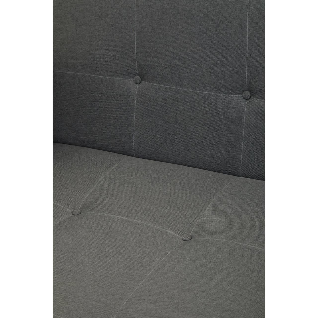 Closeup of grey fabric sofa seat and back with button-tufted detail and contrast stitching
