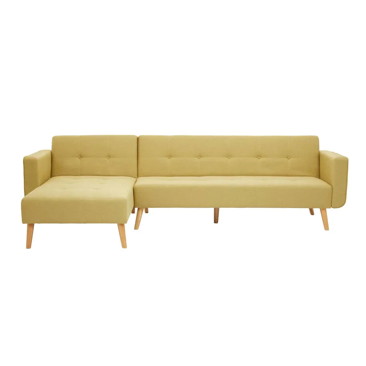 Mustard yellow fabric corner sofa with wooden legs and button-tufted backrest