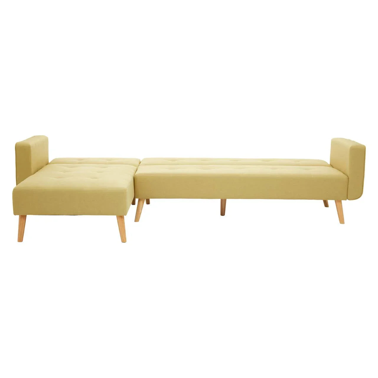 Yellow upholstered corner sofa bed with wooden legs and tufted seat cushion