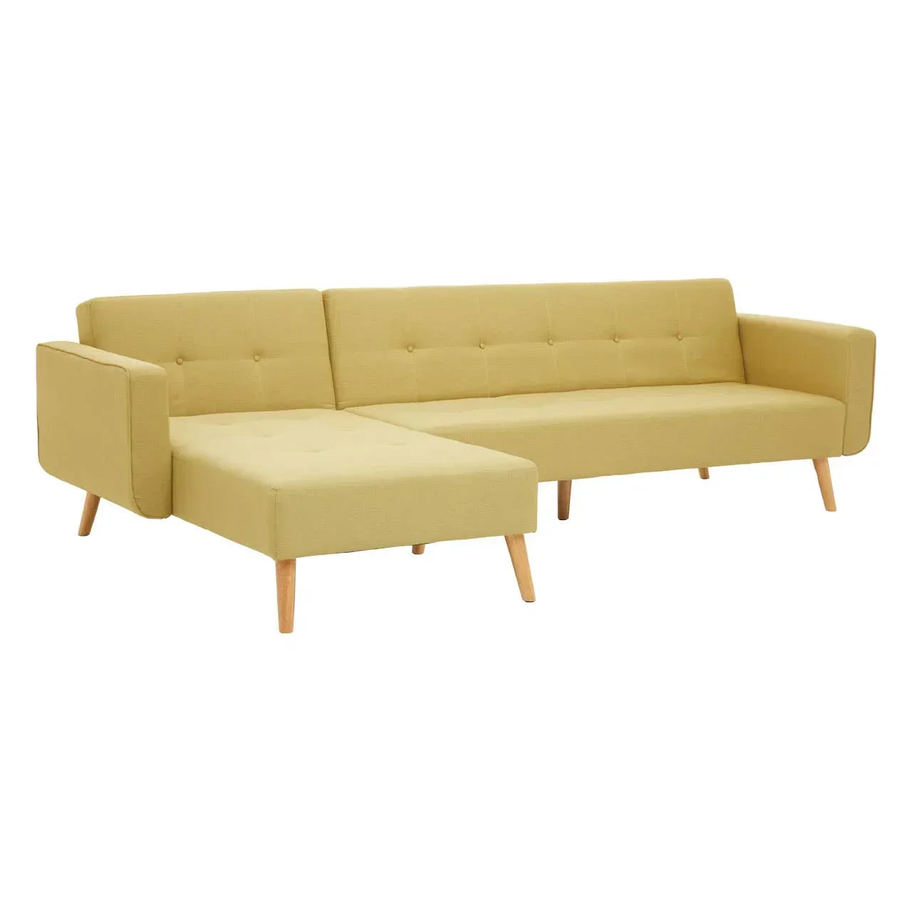 Mustard yellow corner sofa with button-tufted cushions and wooden legs on white background