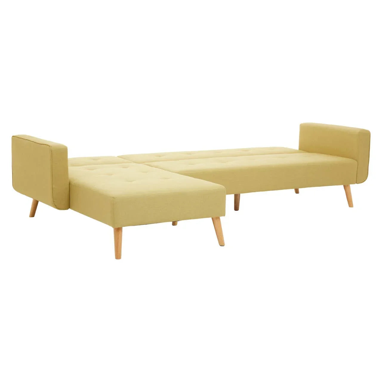 Mustard yellow fabric sofa bed with wooden legs in unfolded position