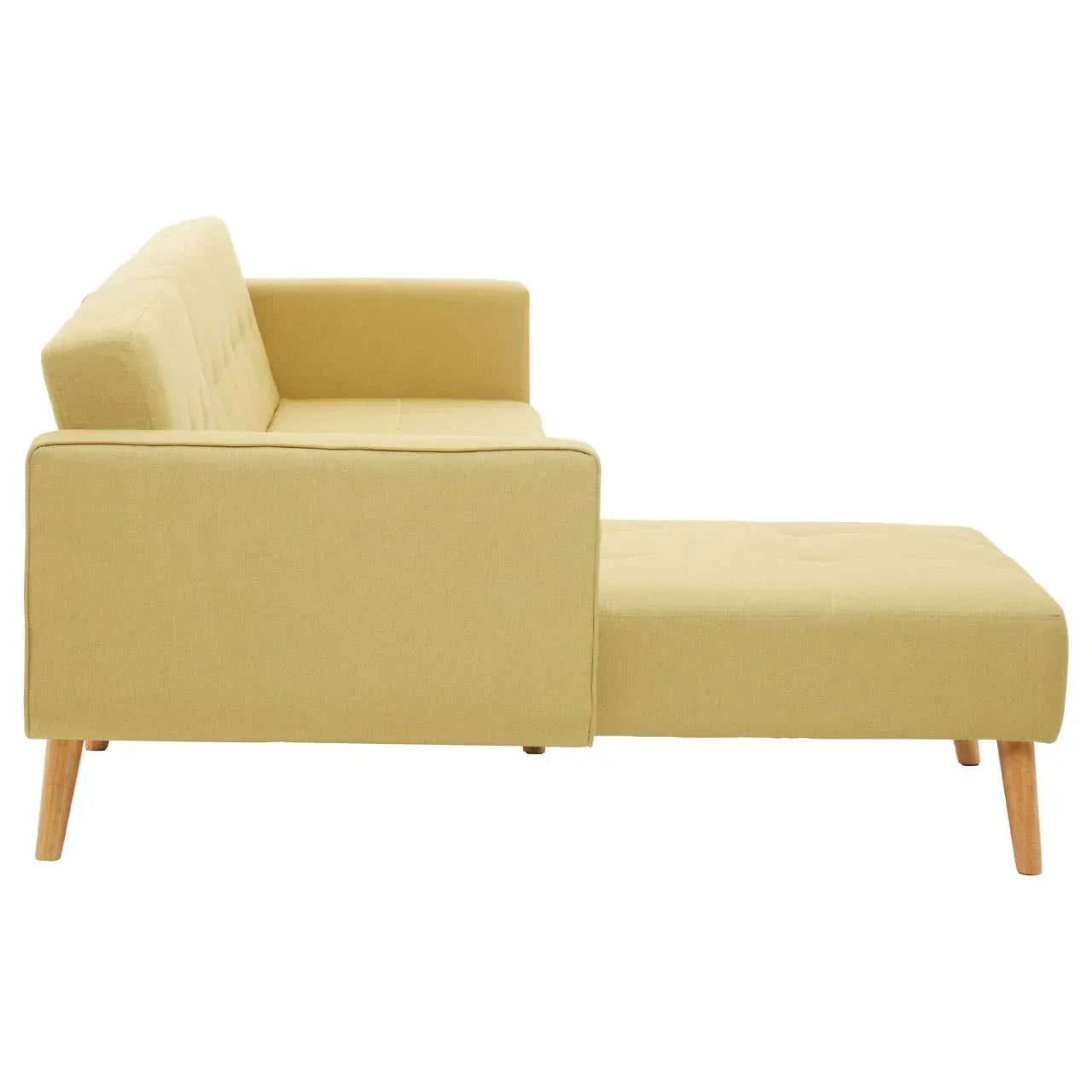 Mustard yellow fabric corner sofa with wooden legs, side view