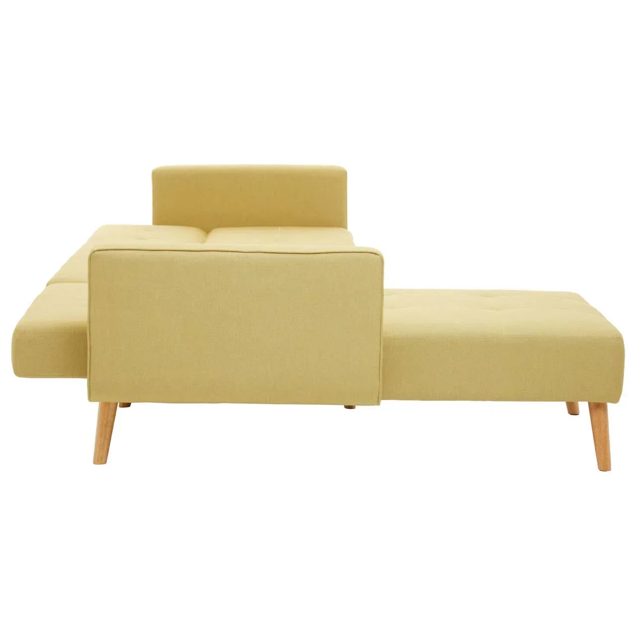 Yellow fabric sofa bed with wooden legs shown from rear view