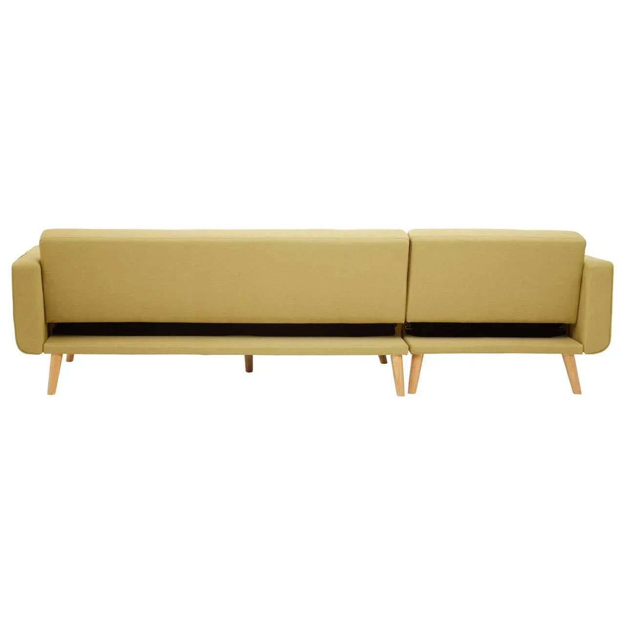 Back view of yellow fabric sofa with wooden legs, showing clean lines and modern style