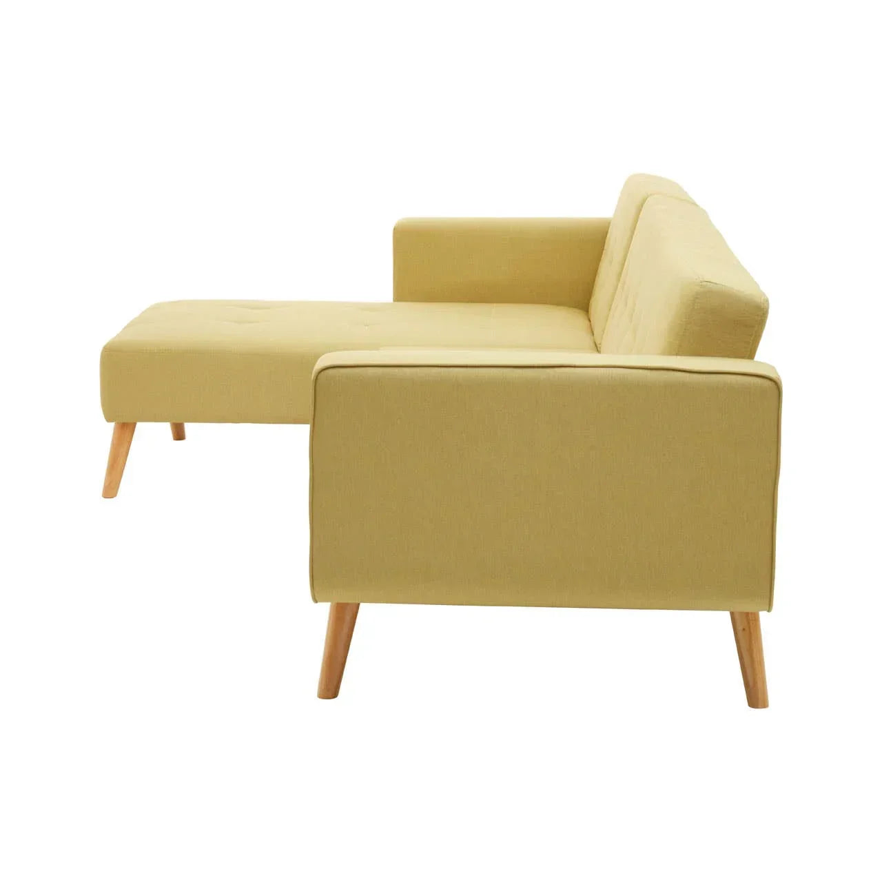 Yellow fabric corner sofa with wooden legs shown from side view
