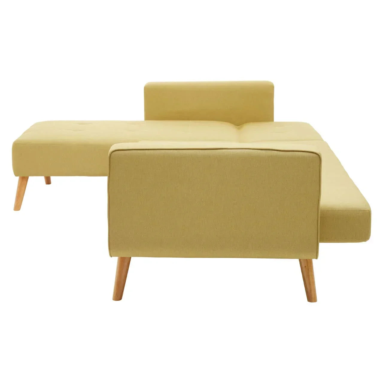 Yellow fabric corner sofa bed with wooden legs viewed from the back