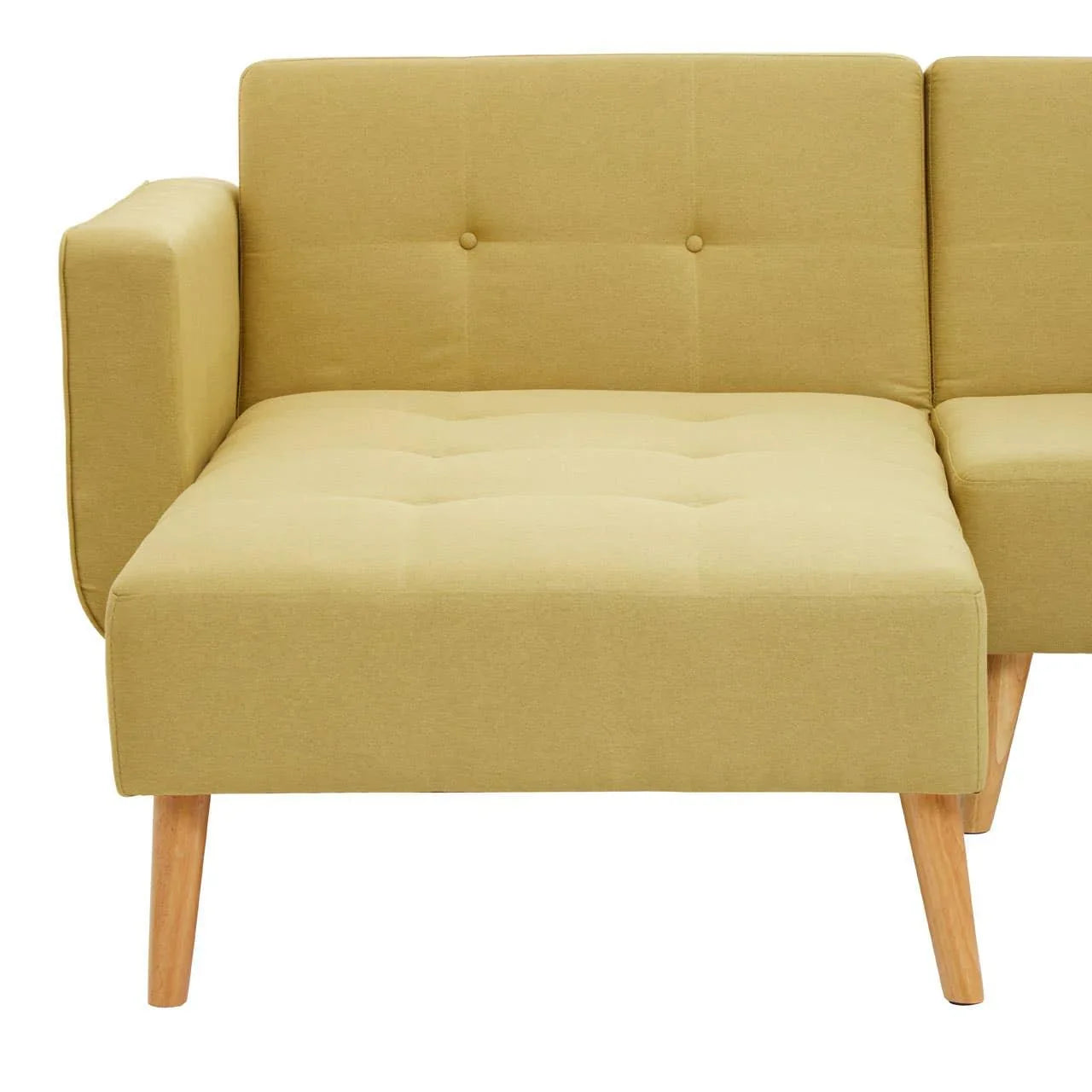 Mustard fabric sofa chaise with button-tufted seat and angled wooden legs
