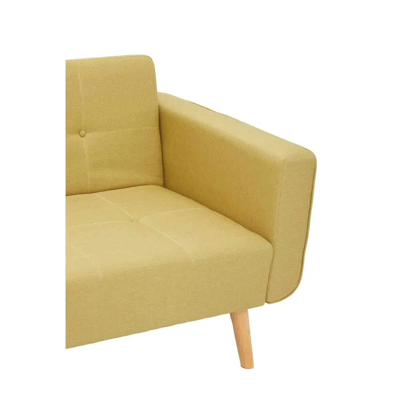 Corner view of a yellow fabric sofa with wooden leg and modern armrest design