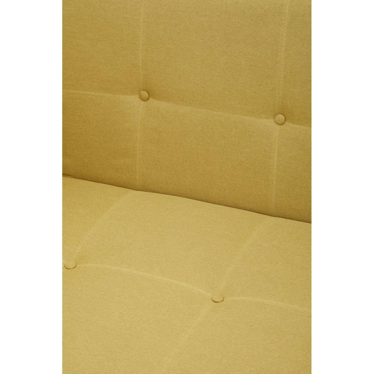 Close-up of yellow fabric sofa backrest and seat with button tufting detail