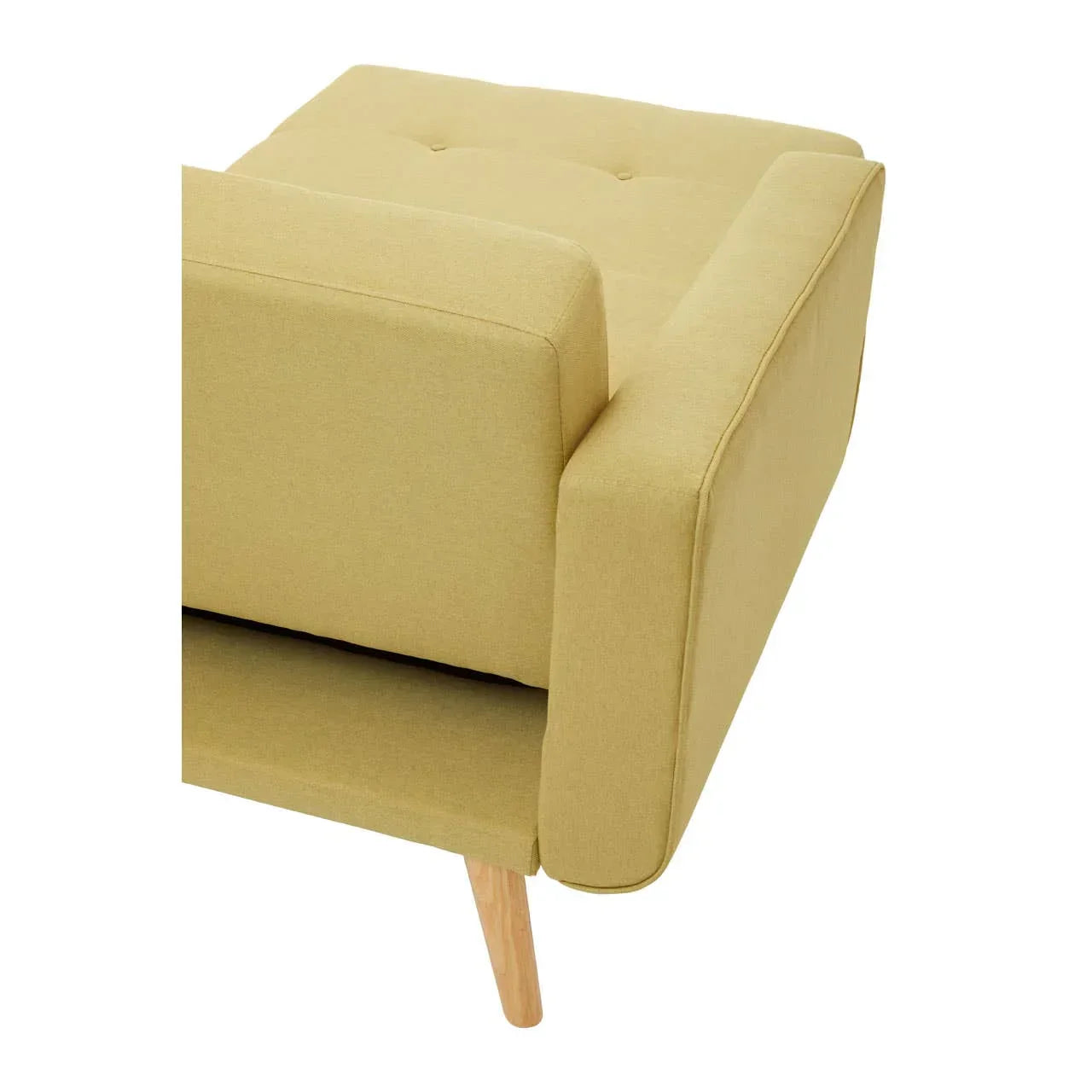 Mustard yellow fabric sofa arm and seat with wooden leg, top corner detail view
