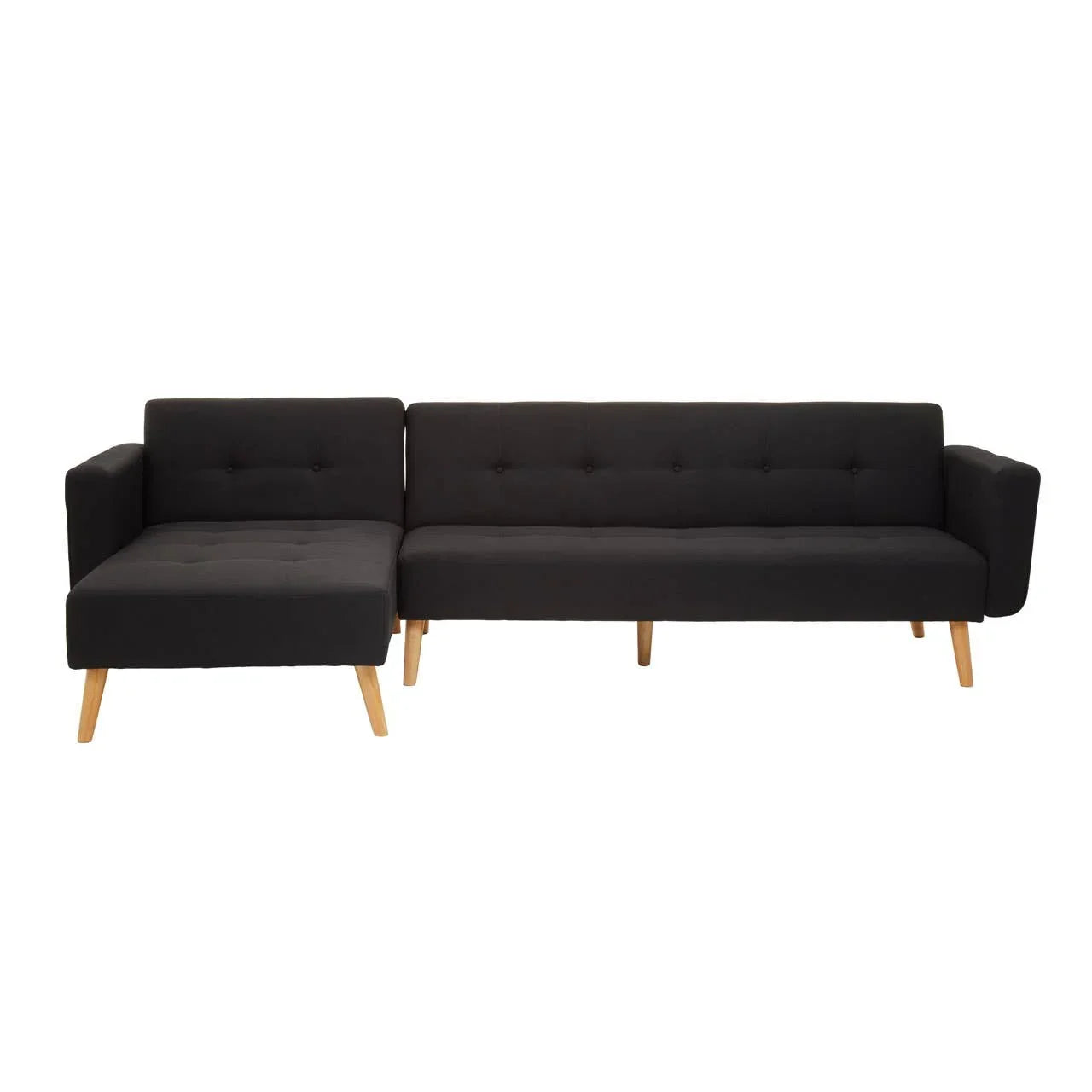 Black corner sofa with wooden legs and tufted cushions, modern sectional seating