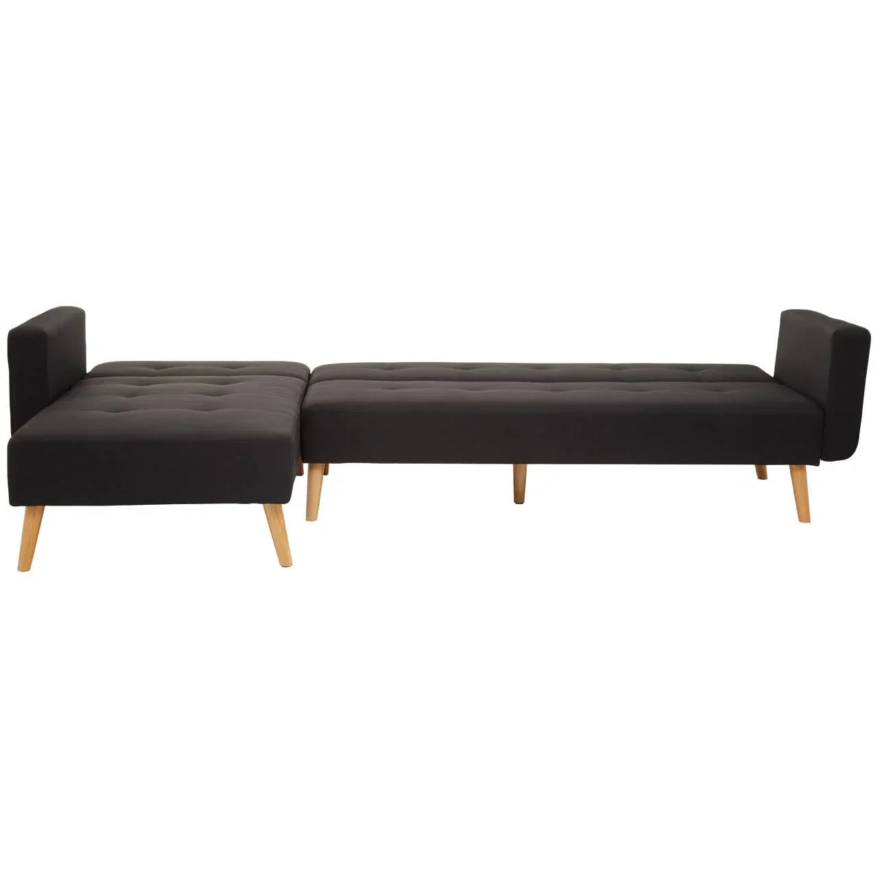 Black corner sofa bed with tufted upholstery and wooden legs on white background