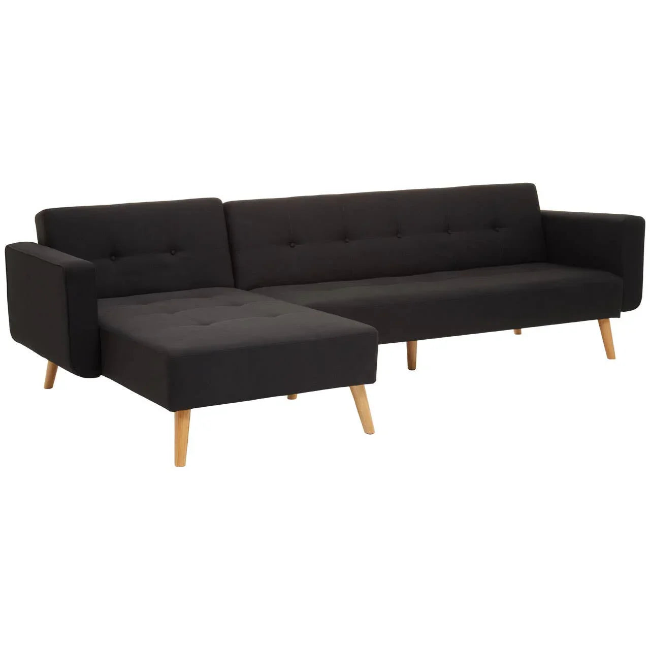 Black corner sofa with wooden legs, button-tufted backrest and chaise lounge section