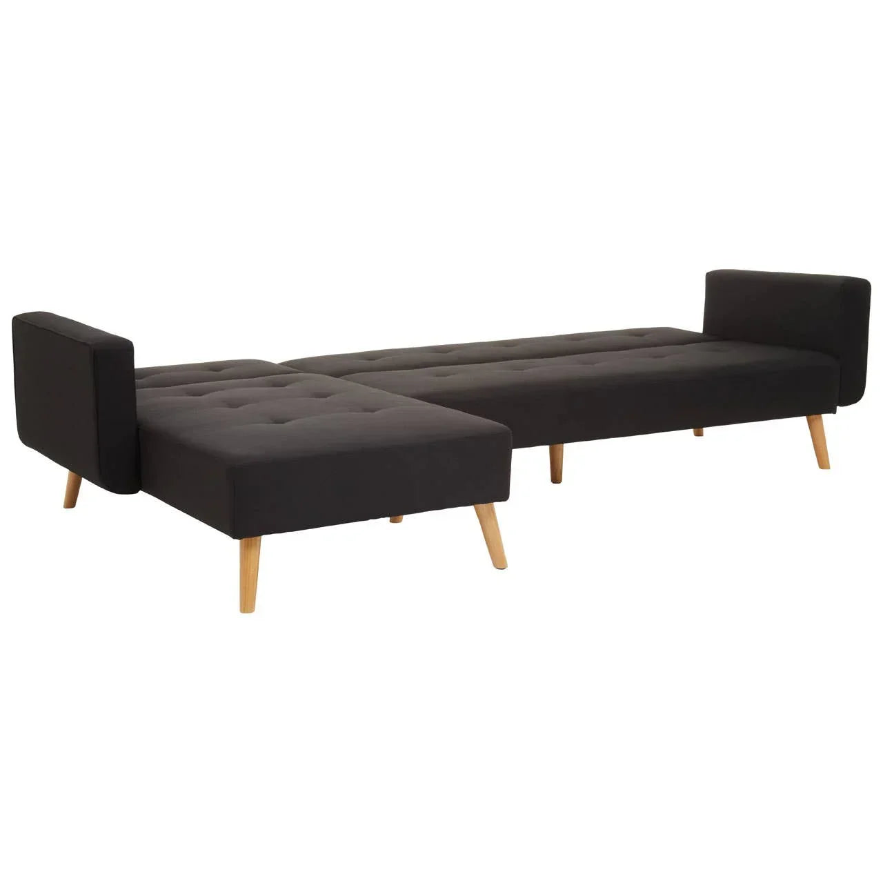 Black fabric corner sofa bed with wooden legs and tufted seat, shown fully extended