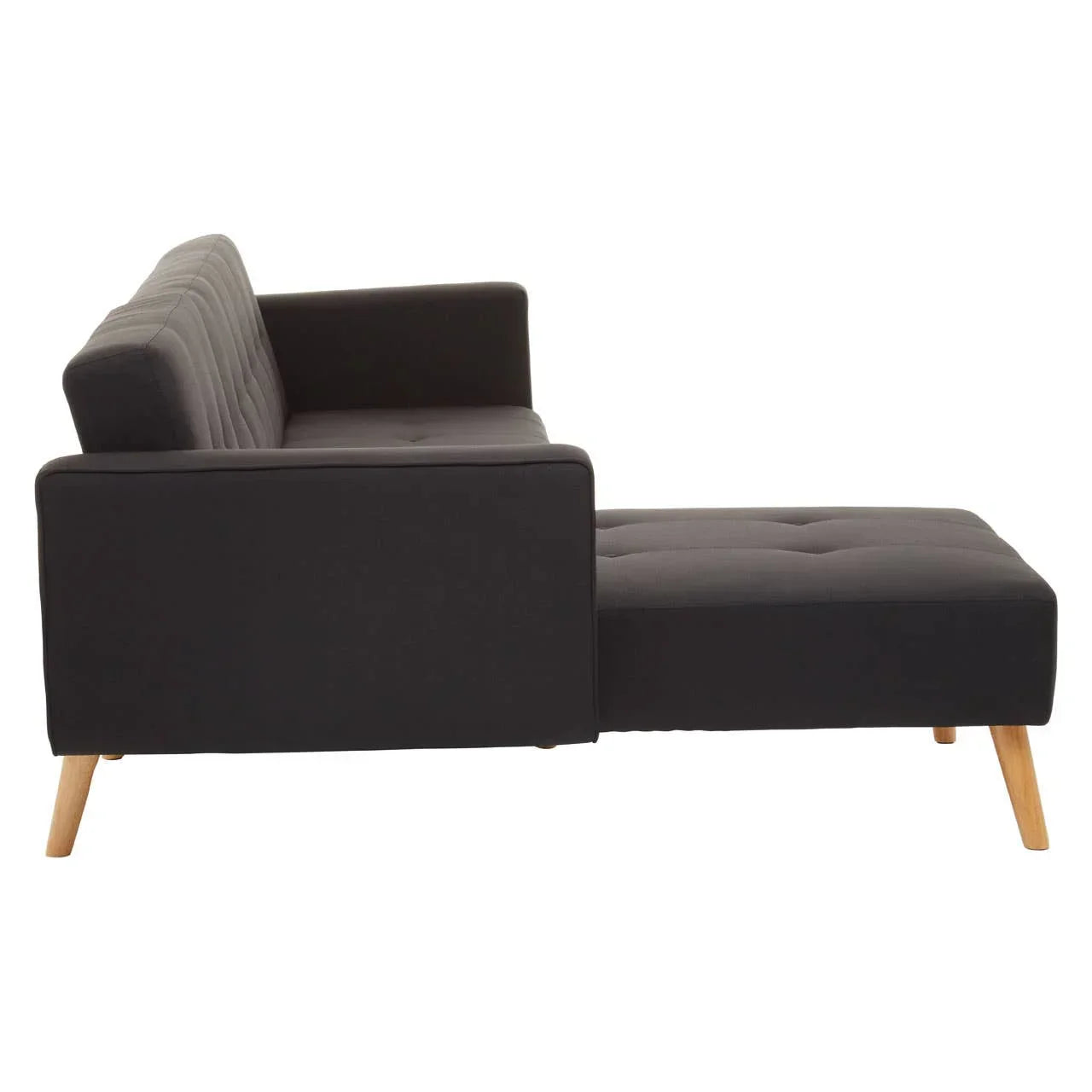 black fabric sofa bed with wooden legs side view