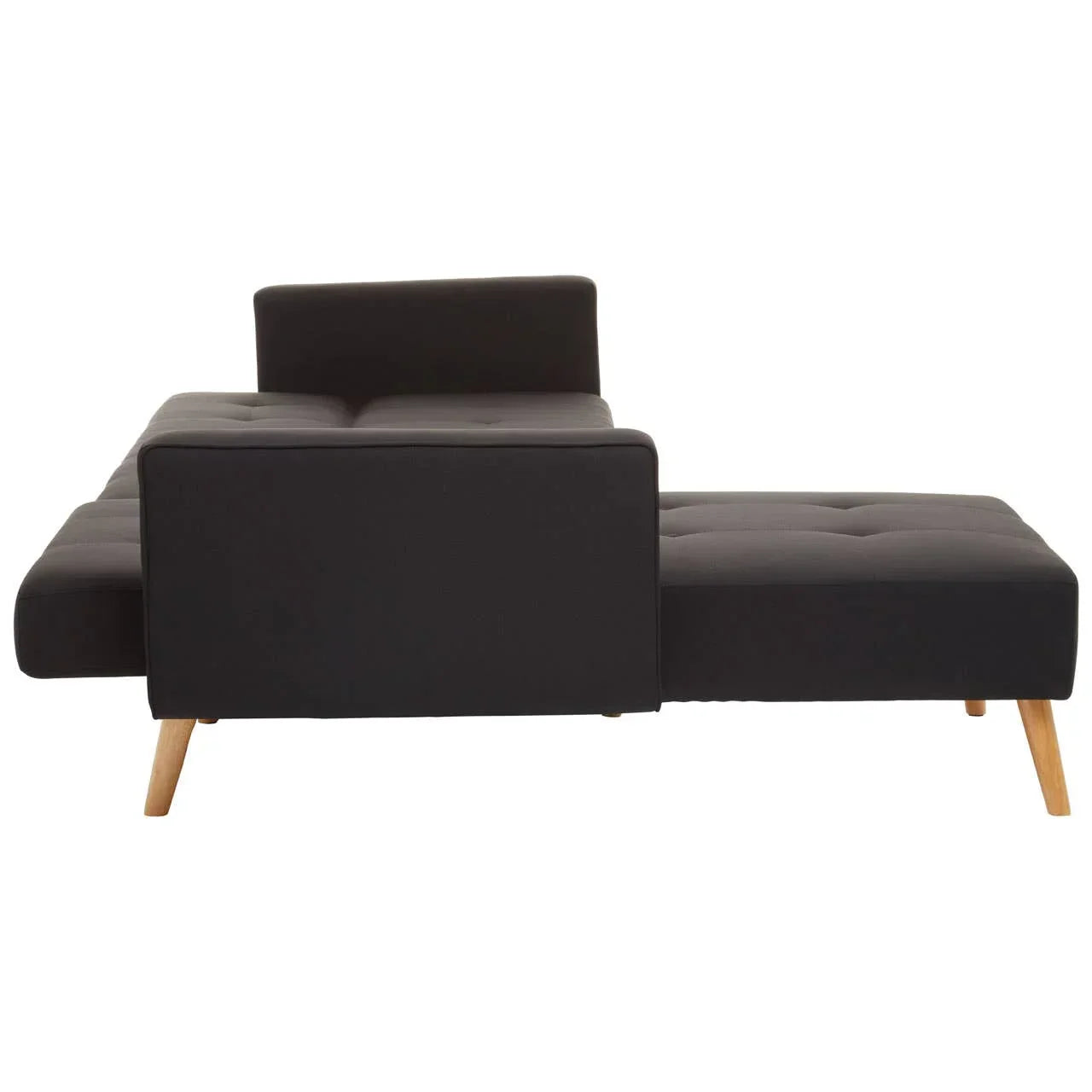 Black fabric sofa bed with wooden legs in reclined position, rear view